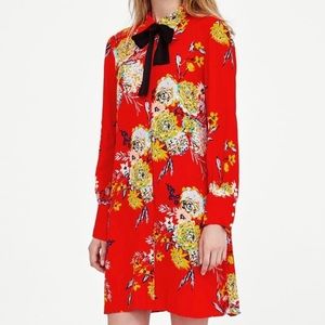 Zara Red Floral Tie-Neck Long-Sleeve Dress
